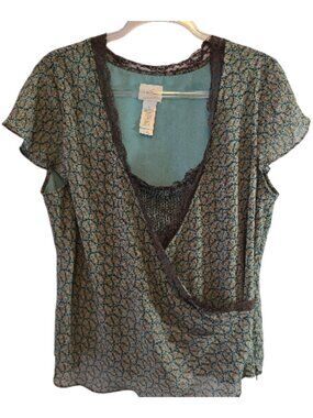 EMMA JAMES WRAP BLOUSE SIZE 14 BROWN TEAL GEOMETRIC LACE TRIM SHORT SLEEVE